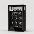 Ashgrove fingerprint watch winder, three-quarter view, black piano lacquer cabinet with 9 winding slots and 4 watch stands