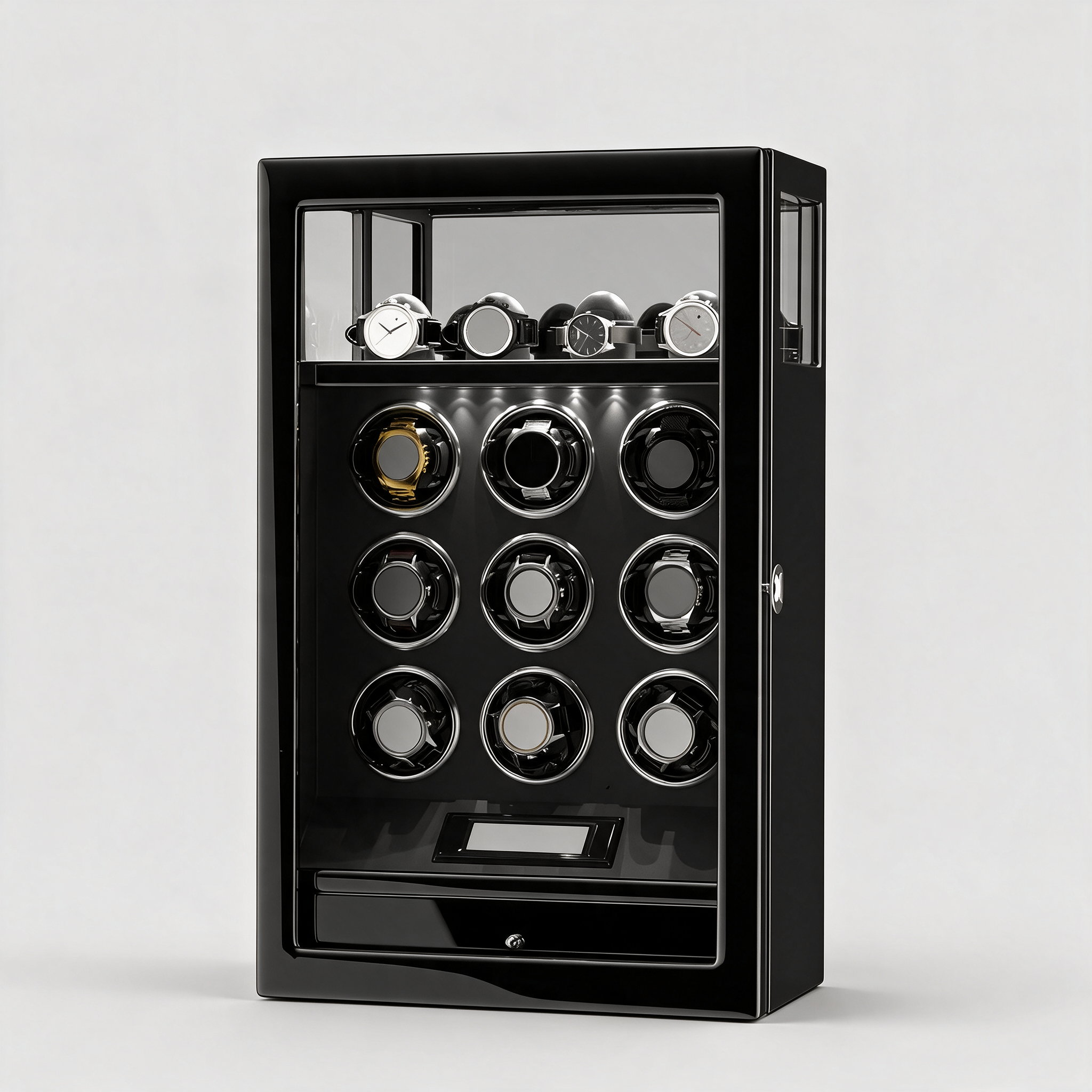 Ashgrove fingerprint watch winder, three-quarter view, black piano lacquer cabinet with 9 winding slots and 4 watch stands