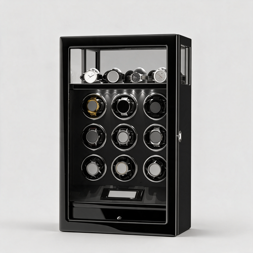 Ashgrove fingerprint watch winder, three-quarter view, black piano lacquer cabinet with 9 winding slots and 4 watch stands