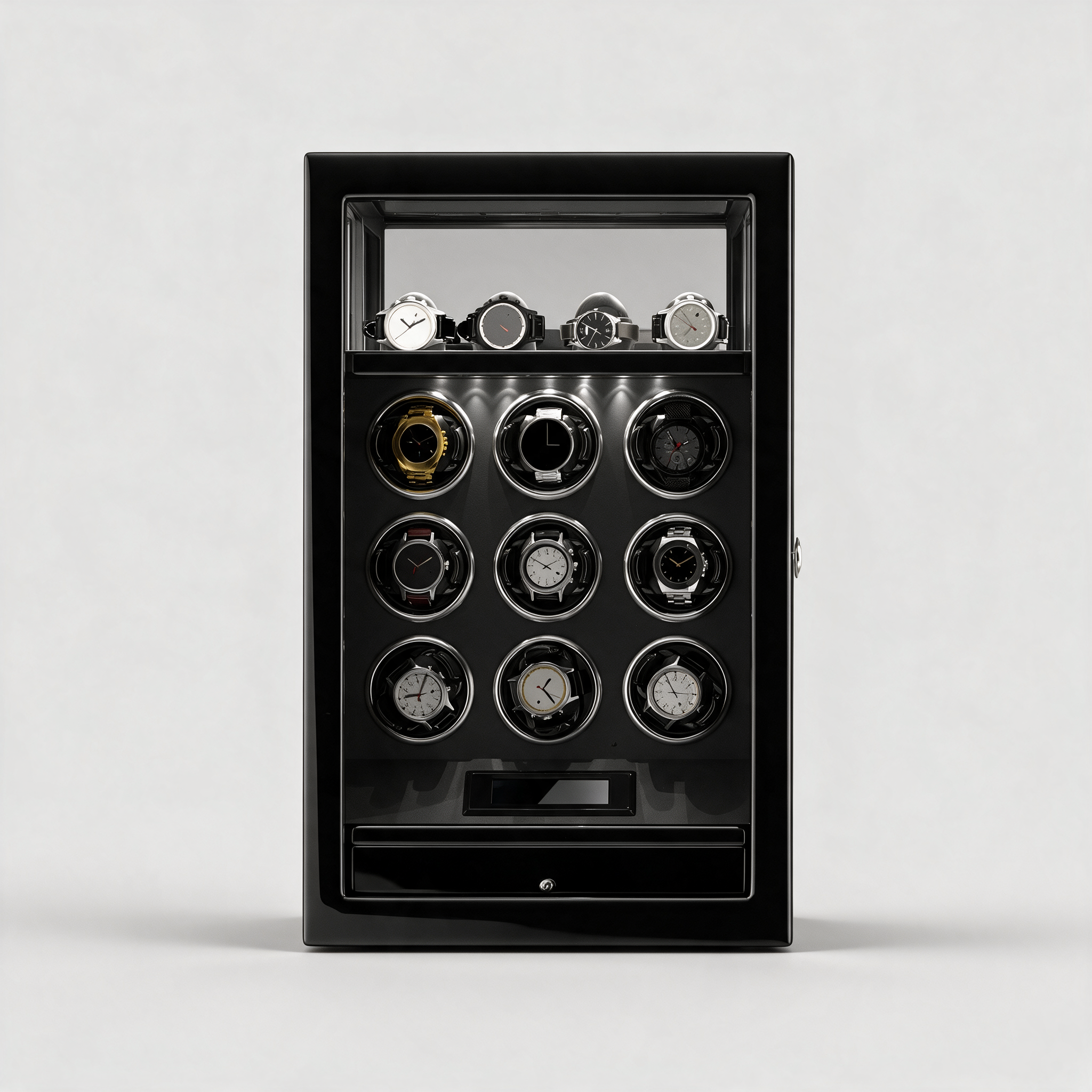 Ashgrove fingerprint watch winder, straight-on front view showing LCD touchscreen and fingerprint lock