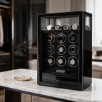 Ashgrove fingerprint watch winder displayed on a marble console table in an elegant dressing room