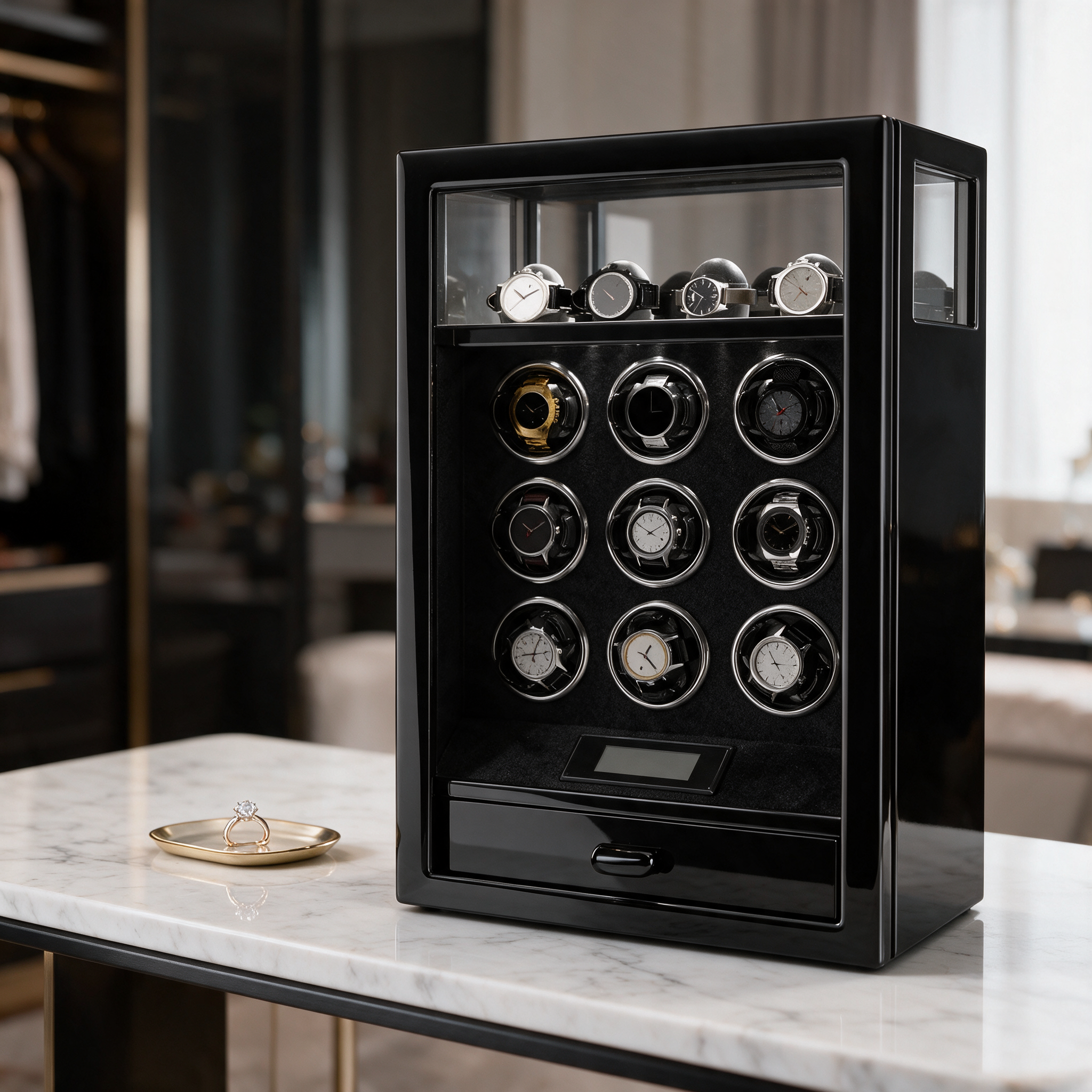 Ashgrove fingerprint watch winder displayed on a marble console table in an elegant dressing room