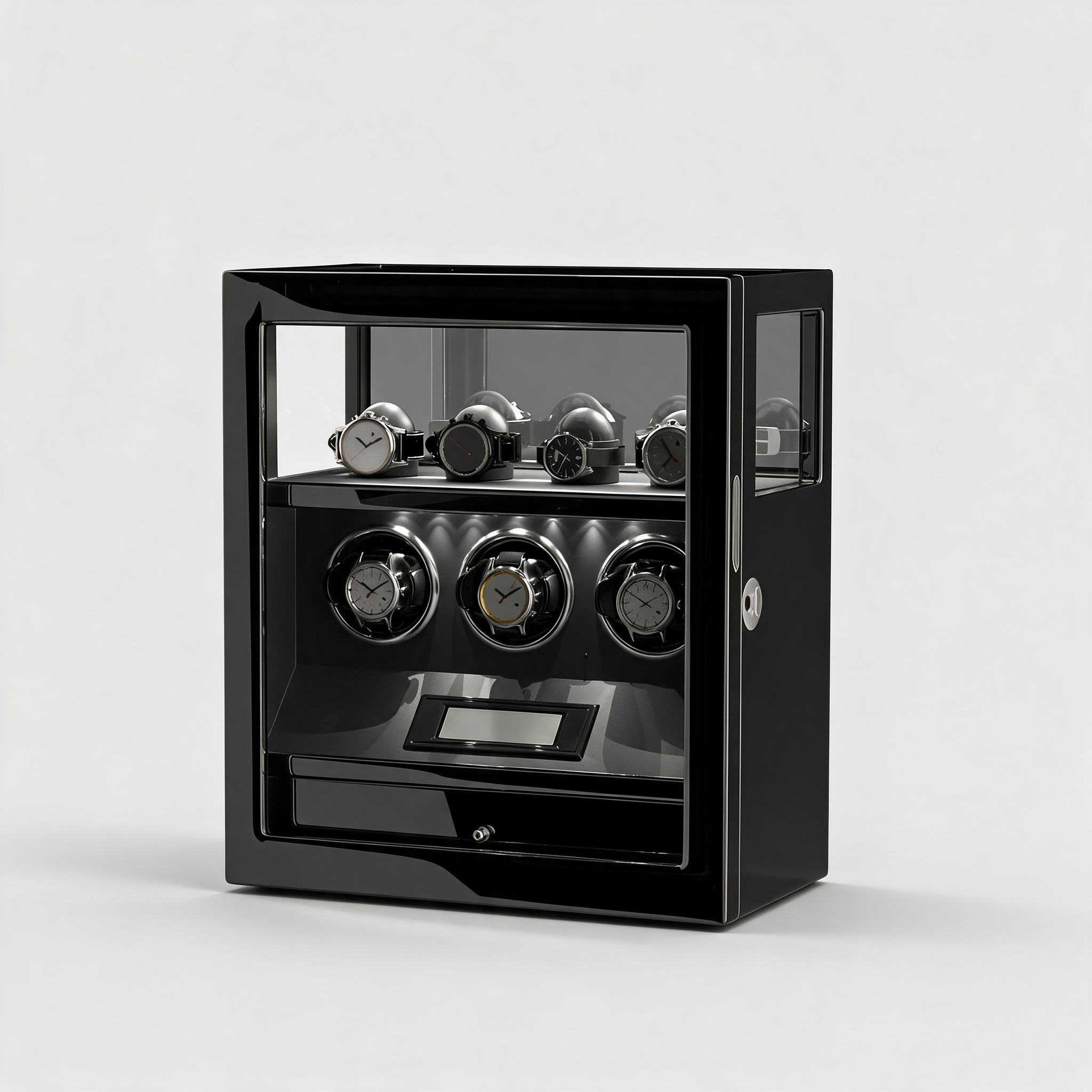 Sévrin black piano-lacquer fingerprint watch winder cabinet, three-quarter view