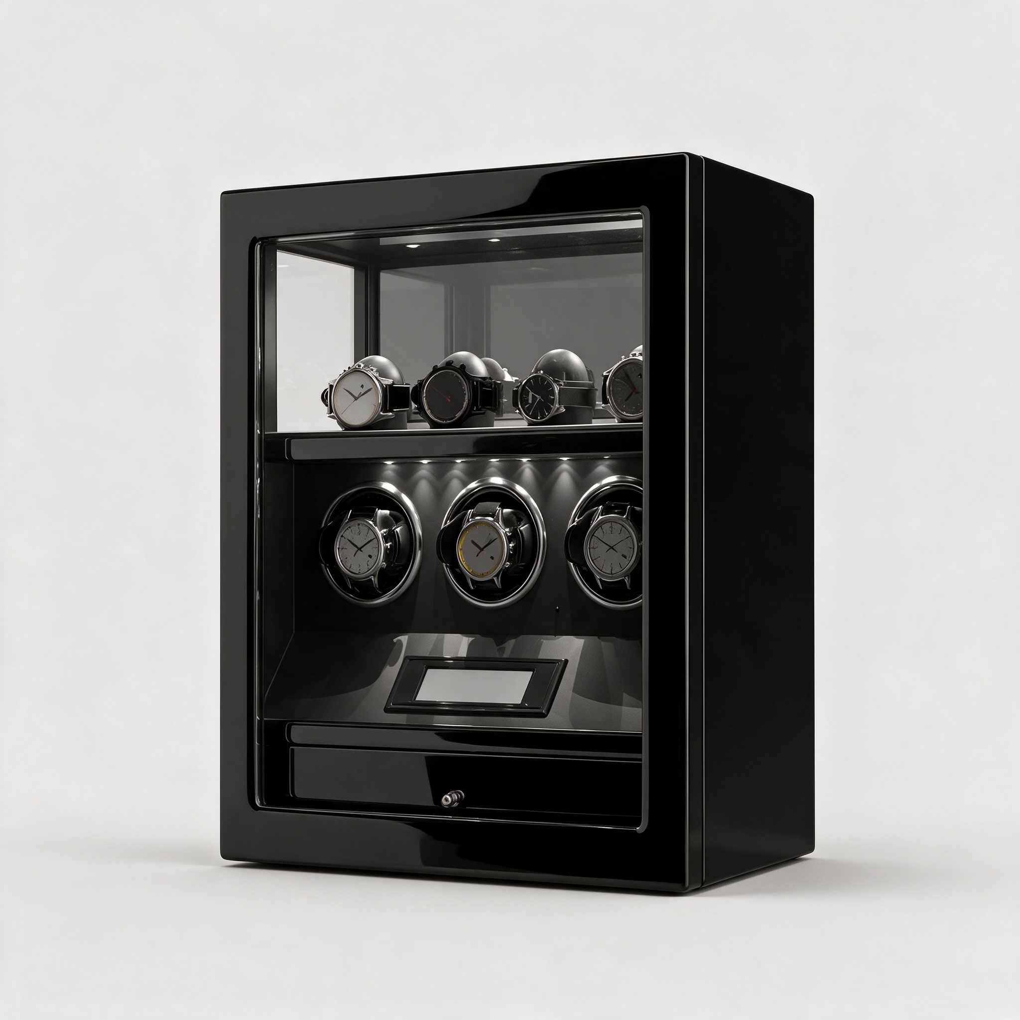 Sévrin fingerprint watch winder, front view showing glass door and LCD touchscreen