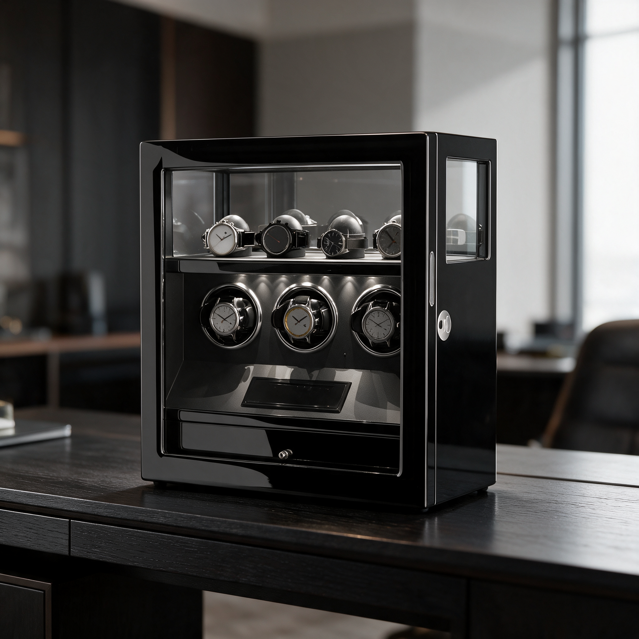 Sévrin watch winder displayed on a dark wood executive desk