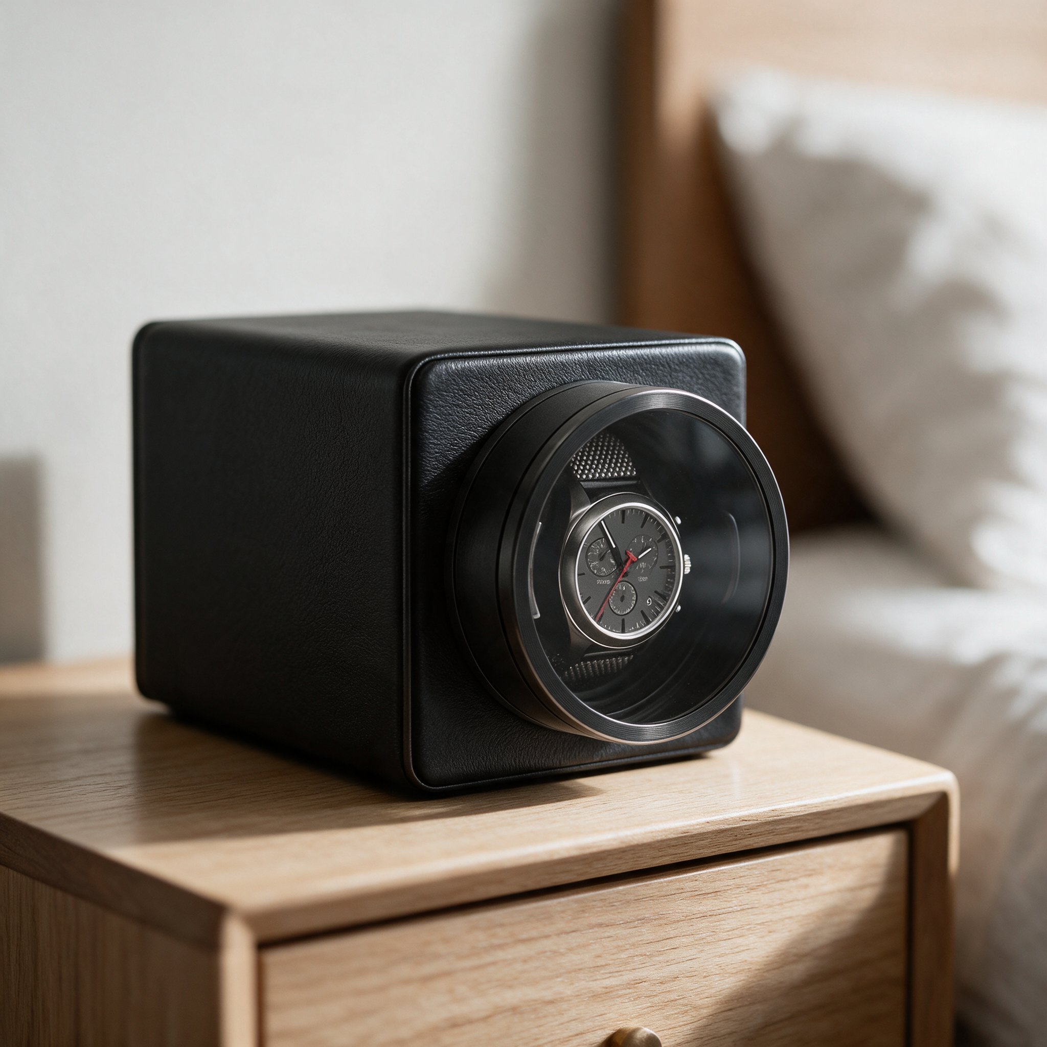 Aurelis watch winder on a bedside table