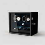 Vaelor 4+4 watch winder cabinet with aurora blue LED, three-quarter view