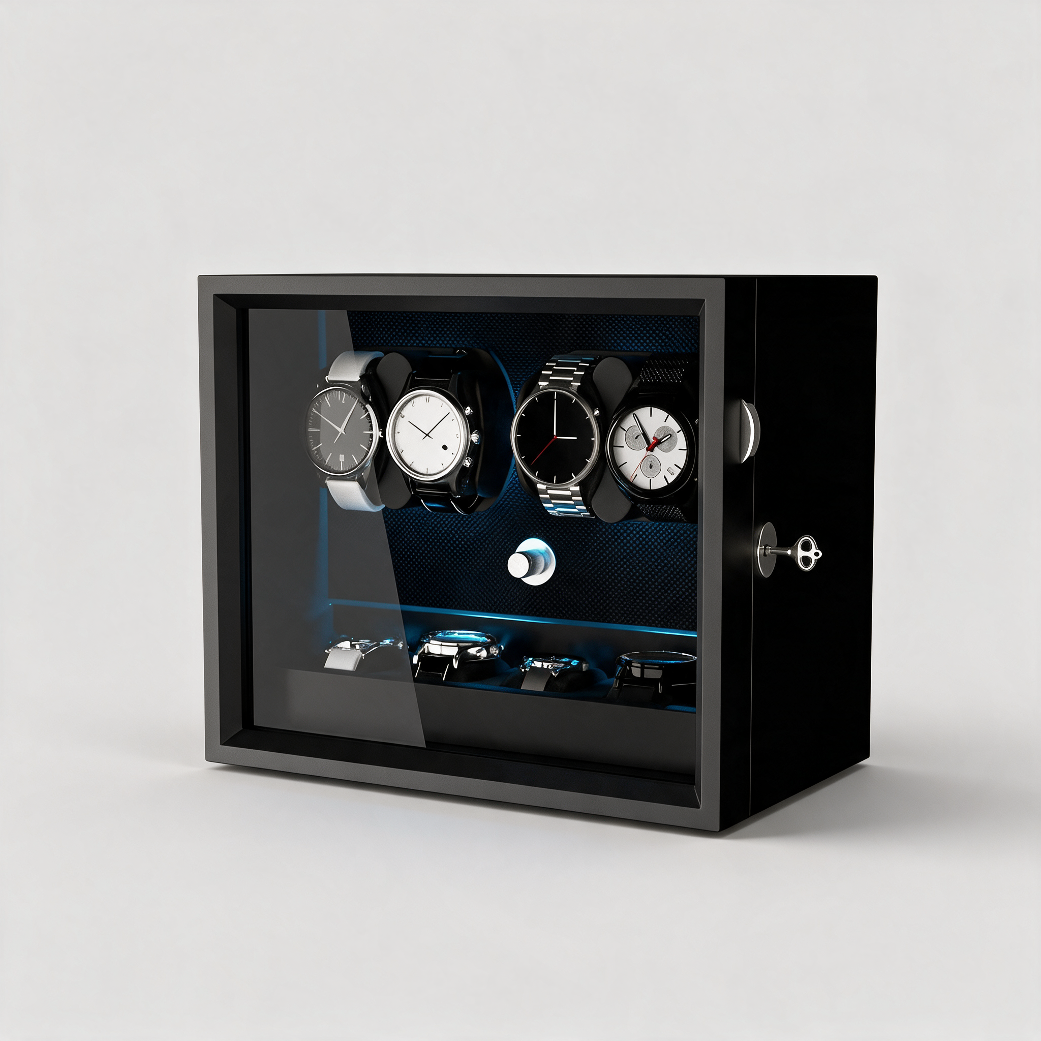 Vaelor 4+4 watch winder cabinet with aurora blue LED, three-quarter view