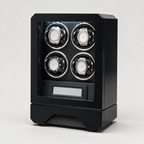 Silvane 4-watch automatic watch winder cabinet, three-quarter view, carbon-fibre-effect interior