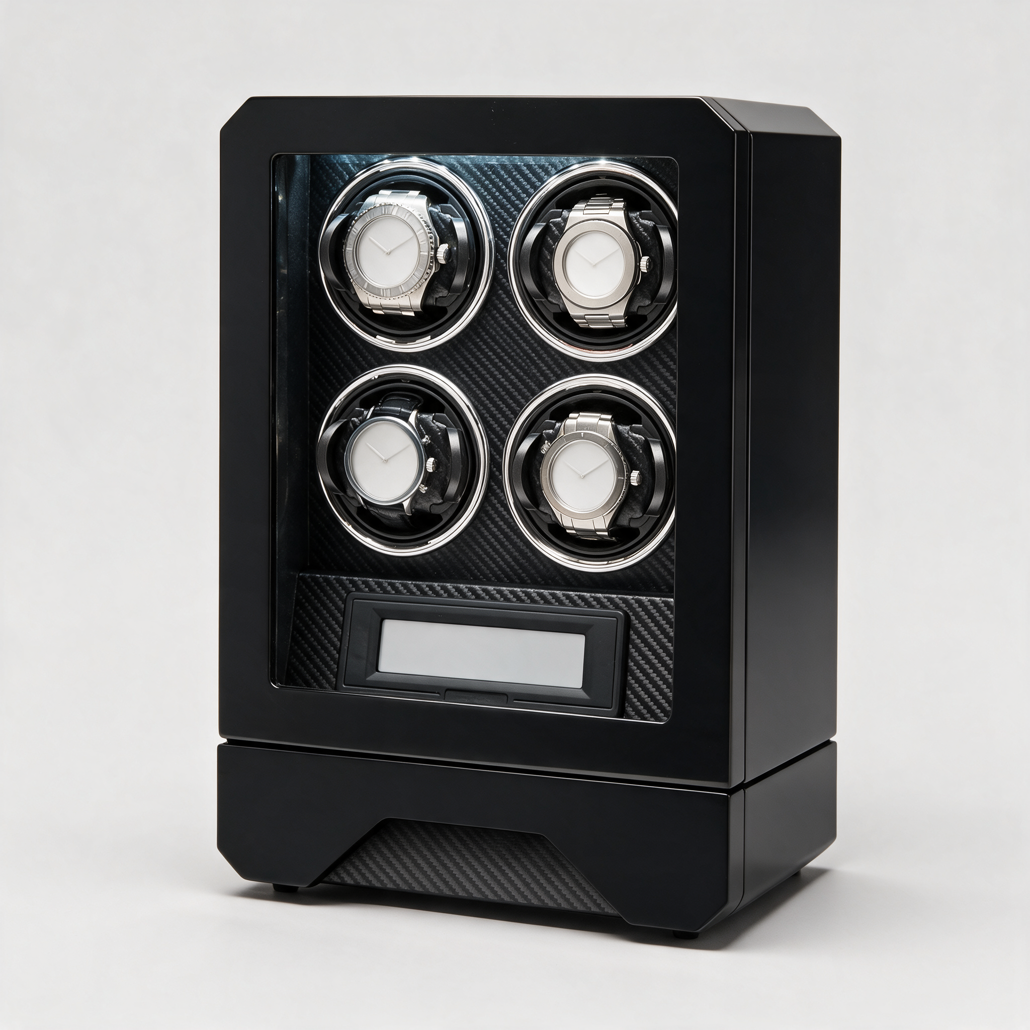 Silvane 4-watch automatic watch winder cabinet, three-quarter view, carbon-fibre-effect interior