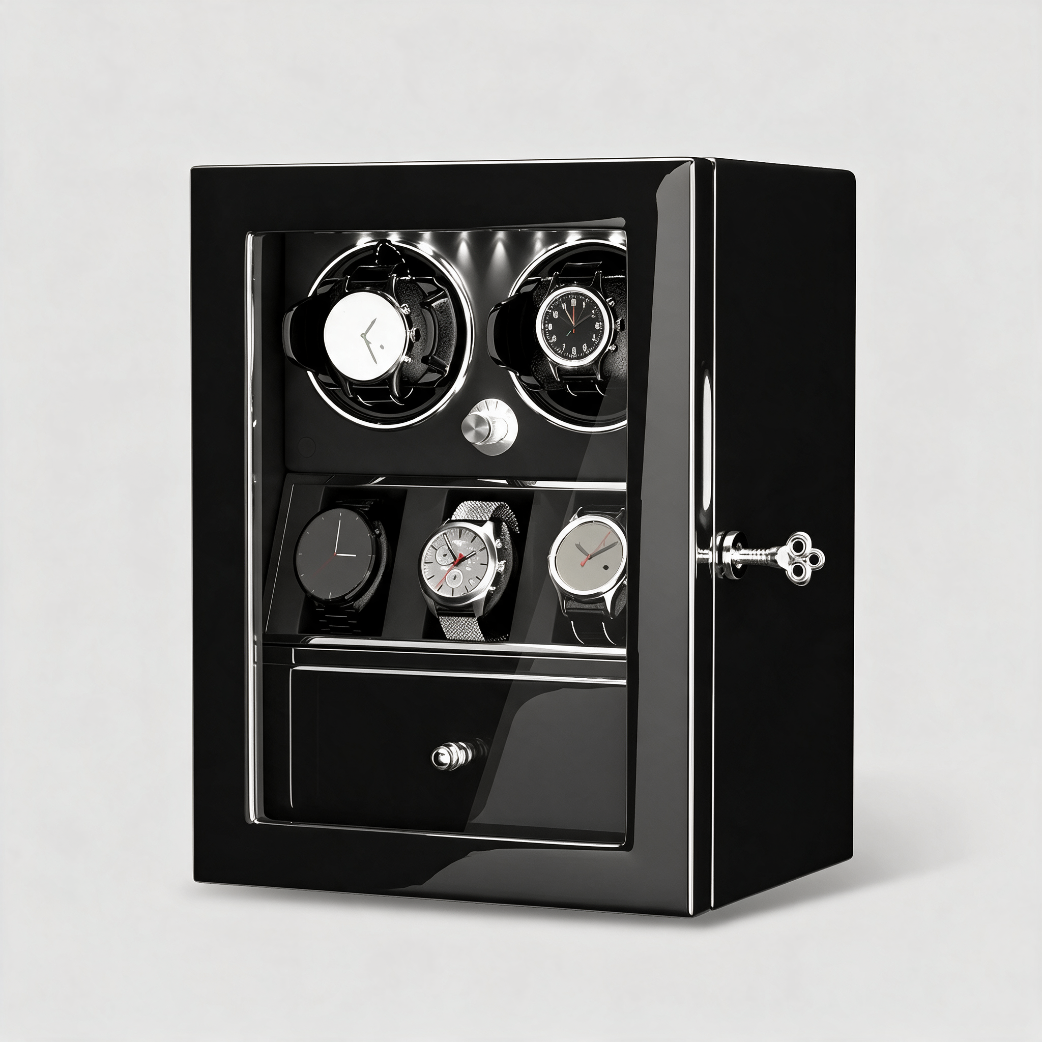 Castellan handmade wood watch winder cabinet, three-quarter view