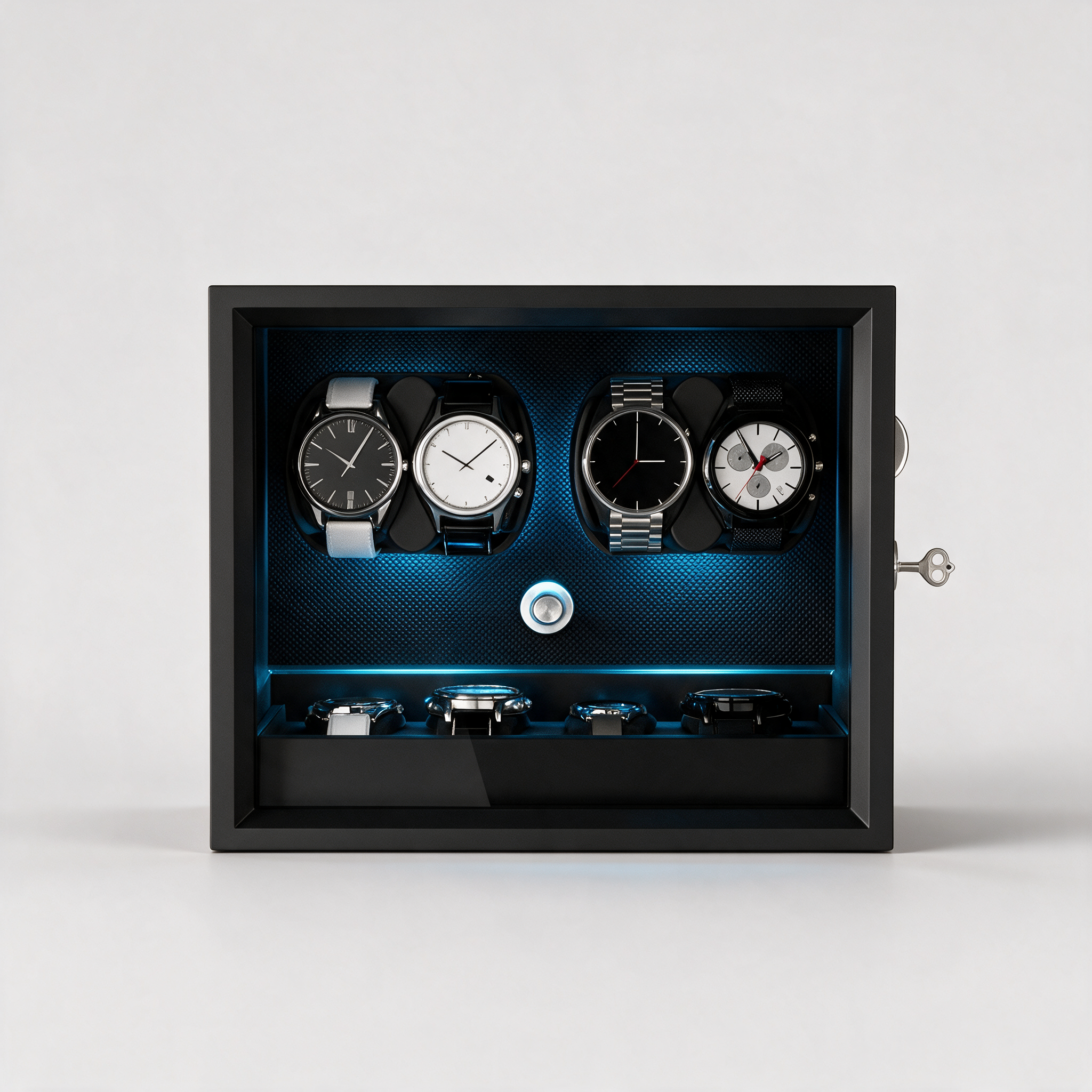 Vaelor watch winder, front view showing glass panel and LED light bar