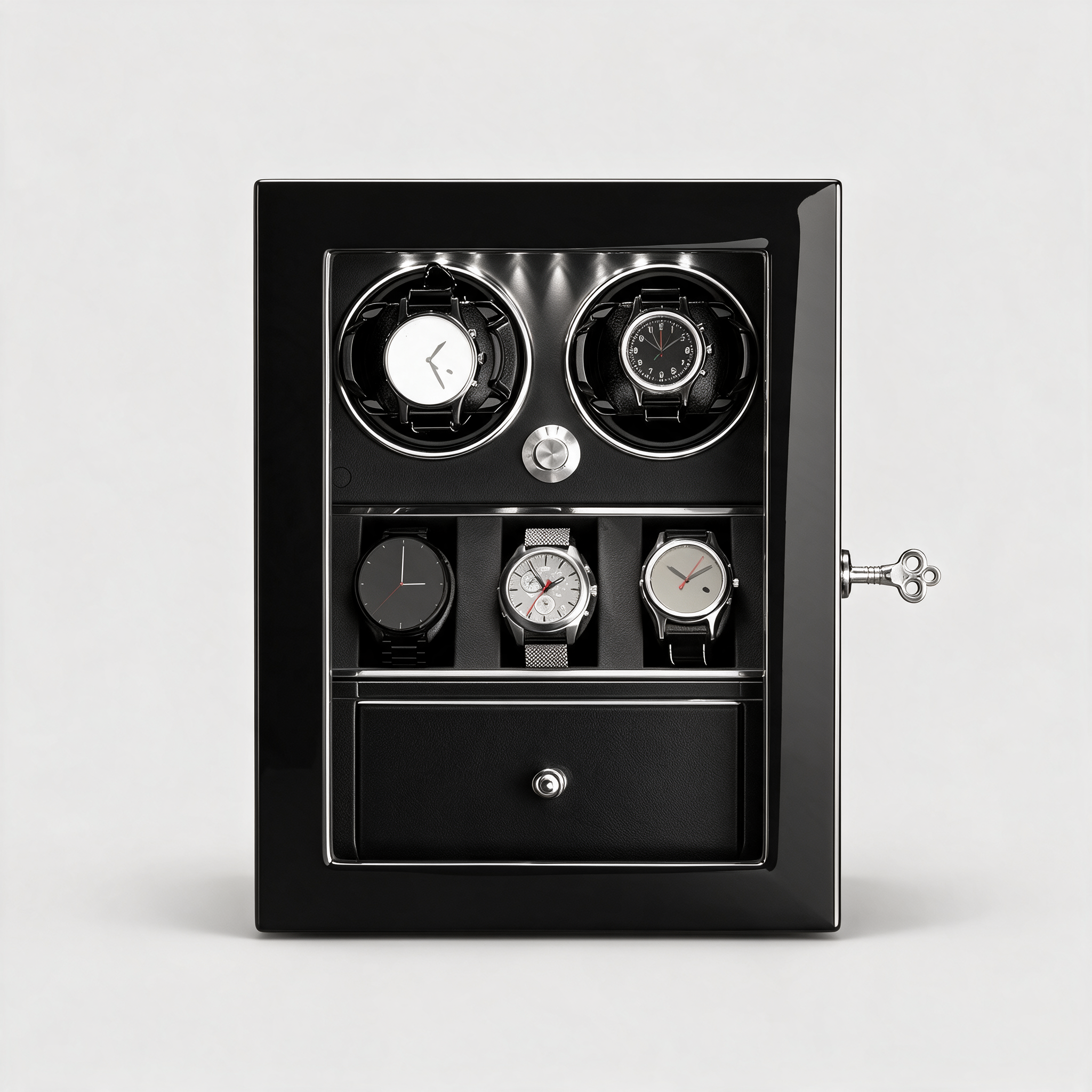 Castellan handmade wood watch winder cabinet, front view