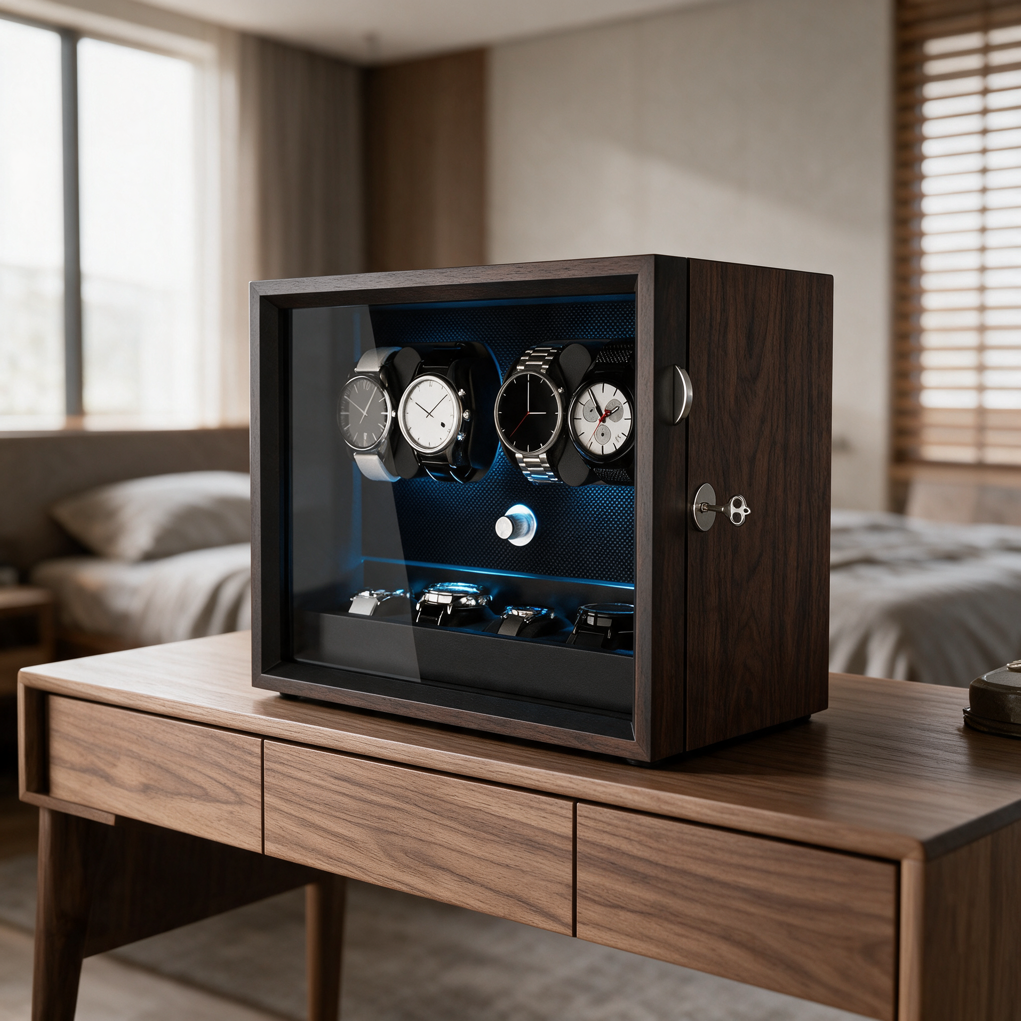 Vaelor watch winder displayed on a wooden dresser top