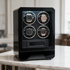 Silvane watch winder cabinet displayed on a marble console table