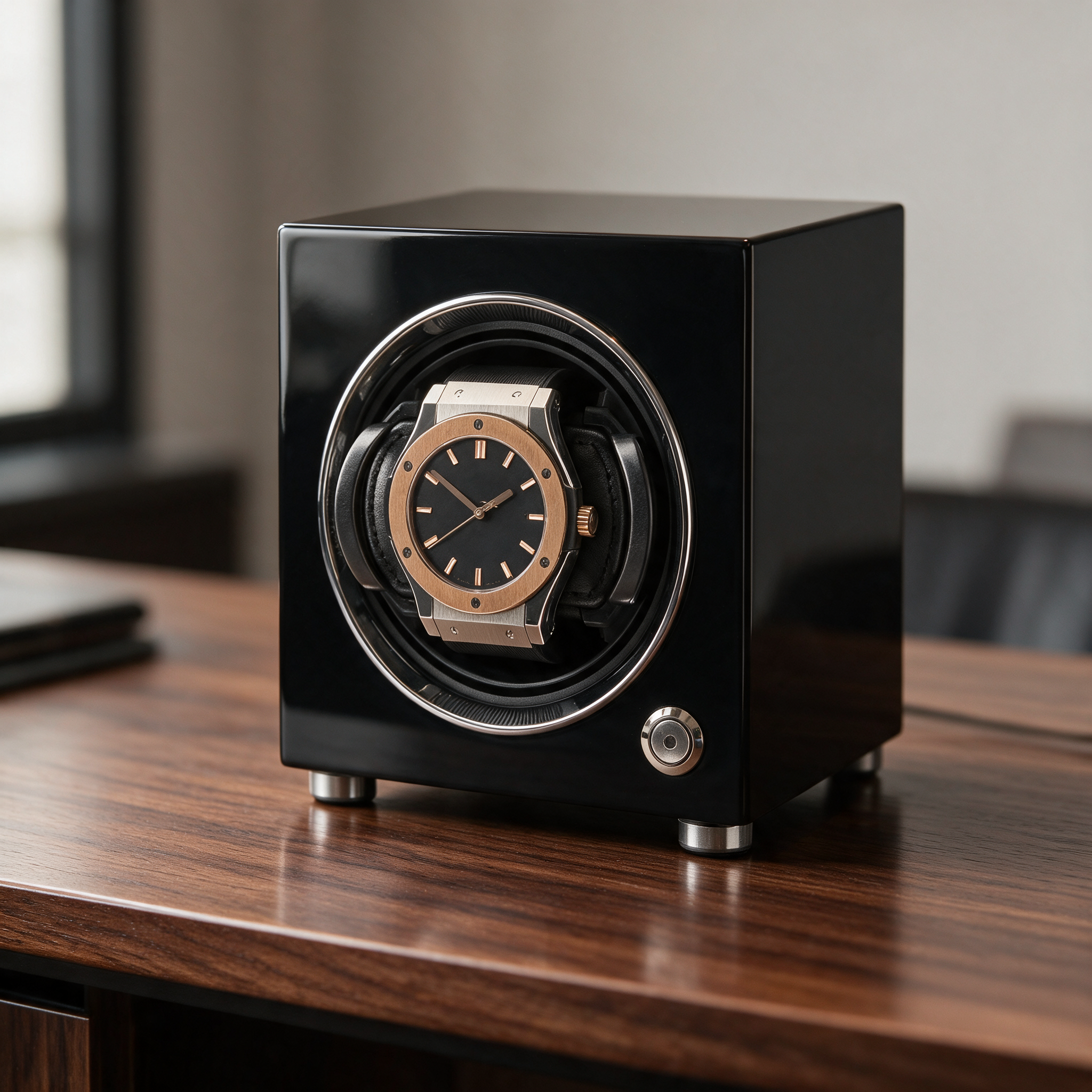Faelan single watch winder on a dark wood executive desk