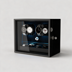 Wyndemere 6+6 automatic watch winder, three-quarter view, aurora blue LED light bar