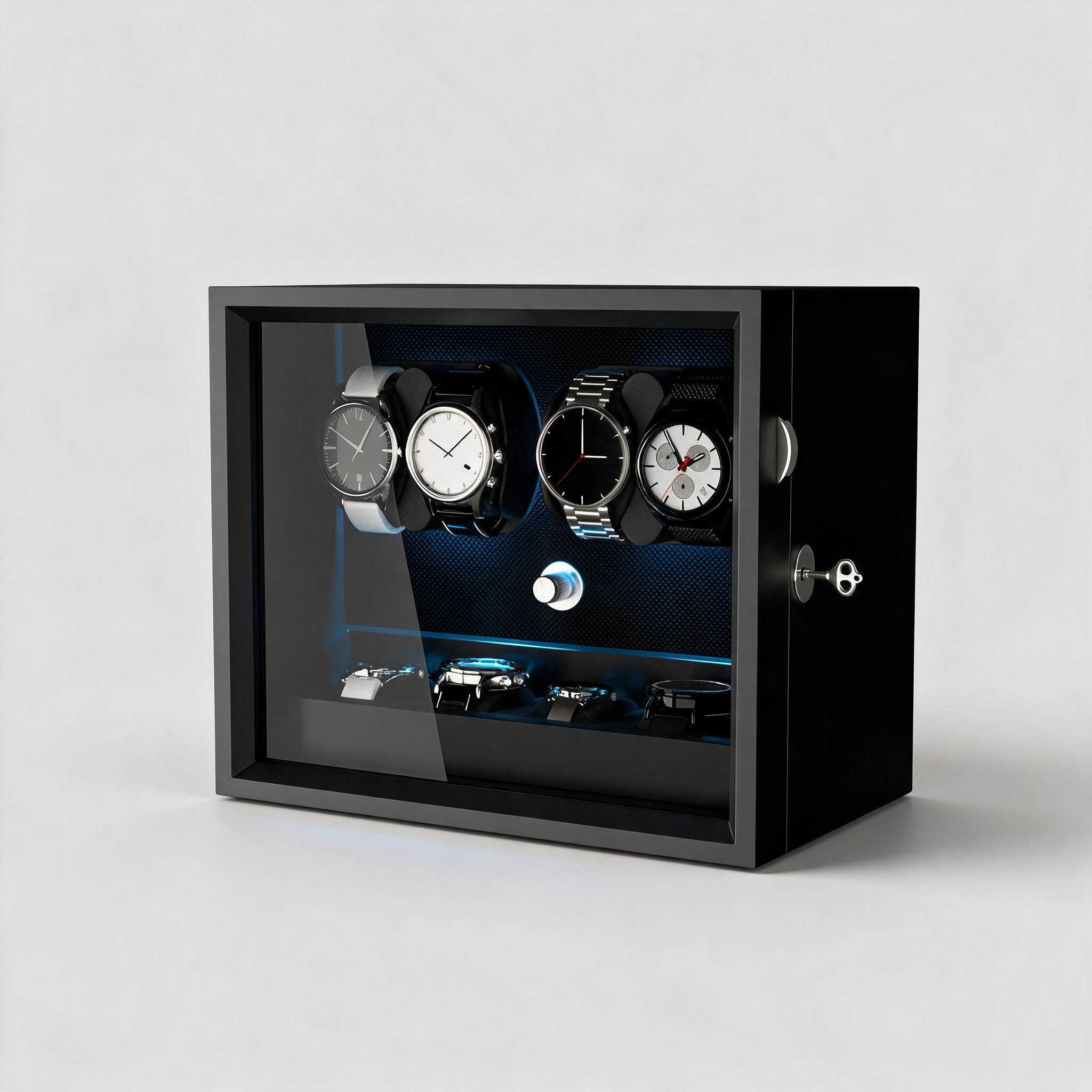 Wyndemere 6+6 automatic watch winder, three-quarter view, aurora blue LED light bar