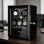 Castellan watch winder cabinet on a dark wood executive desk
