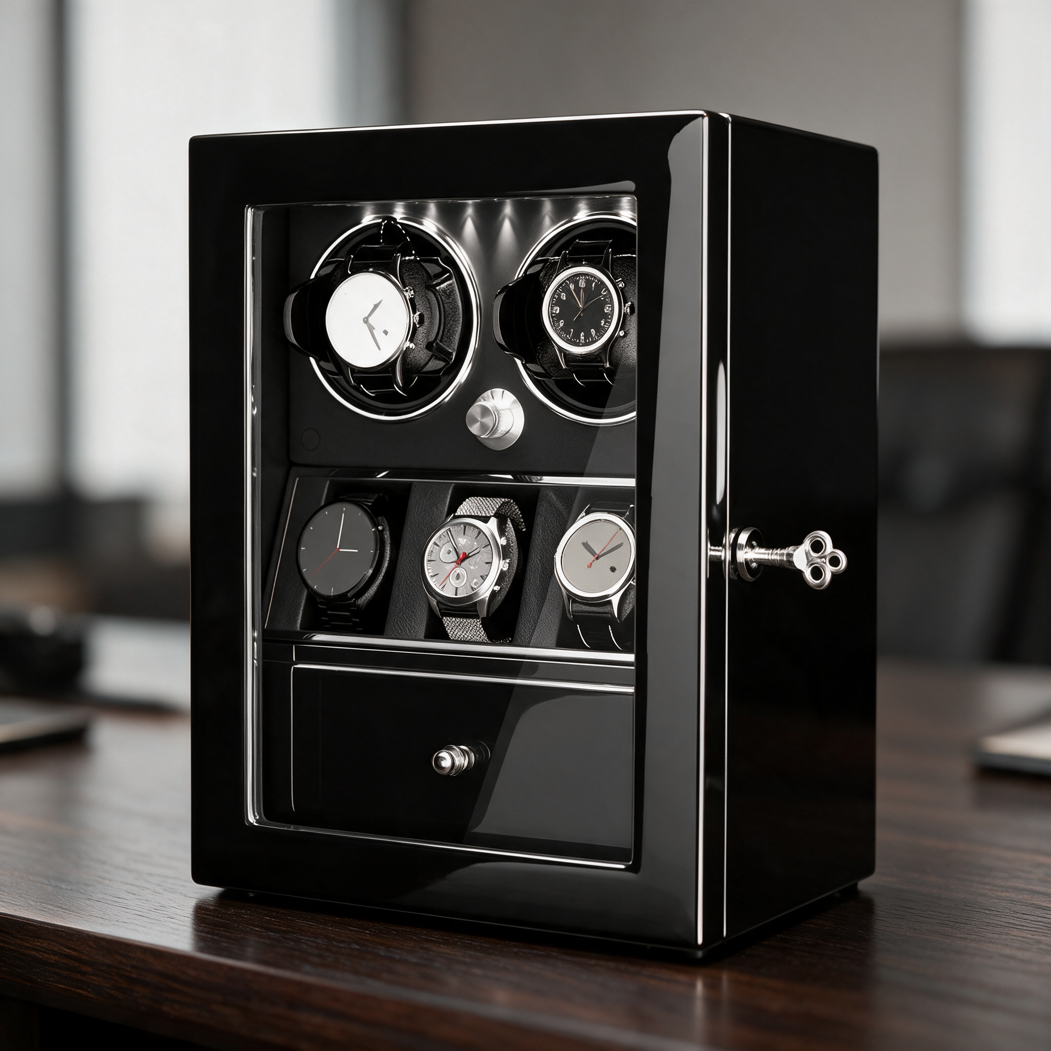 Castellan watch winder cabinet on a dark wood executive desk
