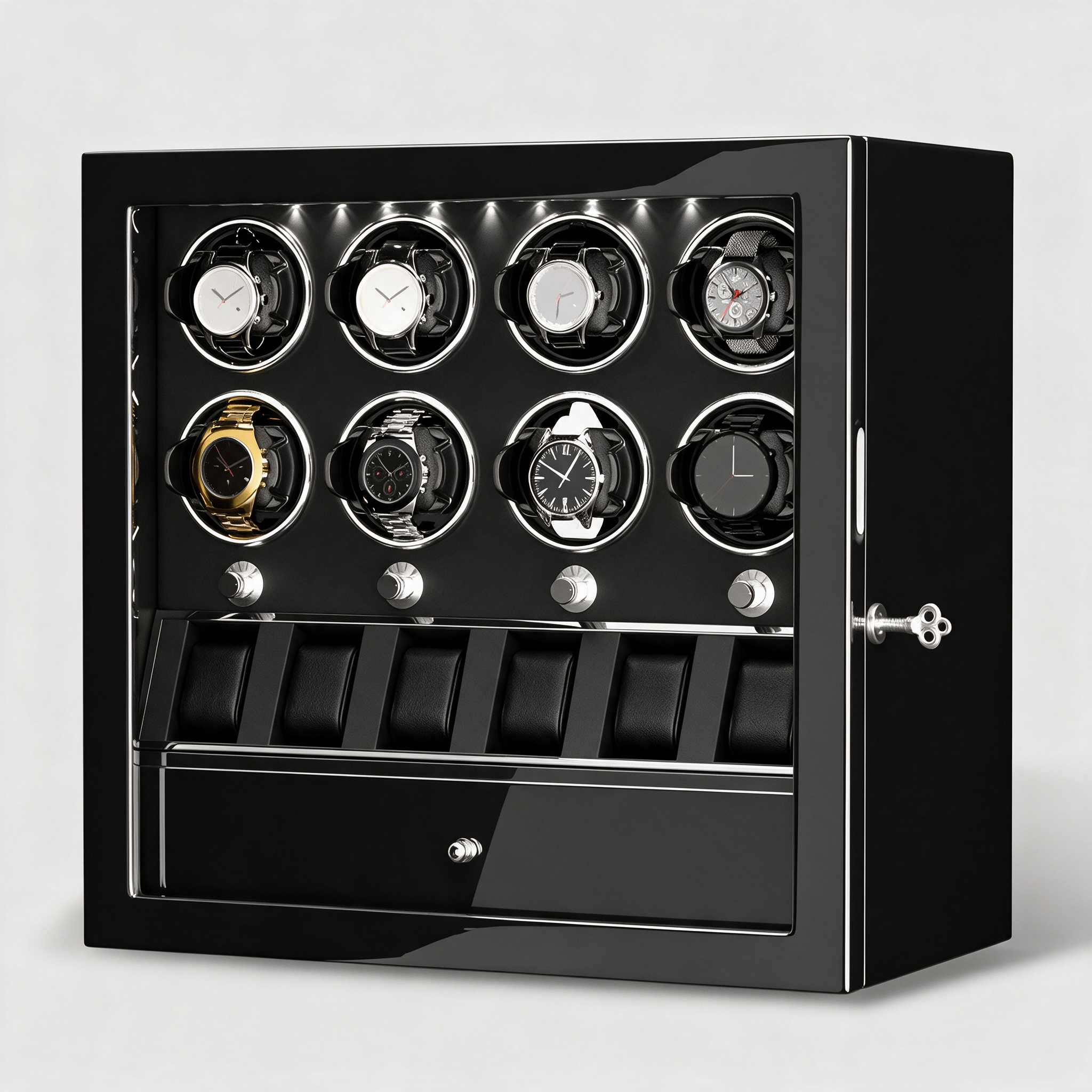 Mervane 8-winder watch cabinet with jewellery drawer, three-quarter view