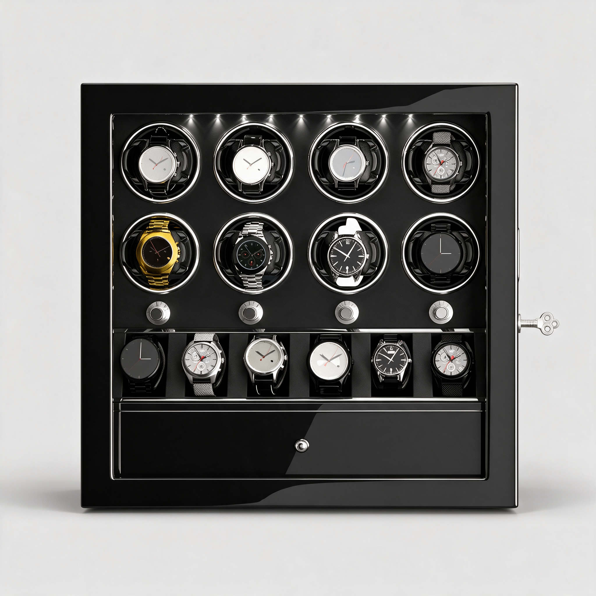Mervane 8-winder watch cabinet with jewellery drawer, front view