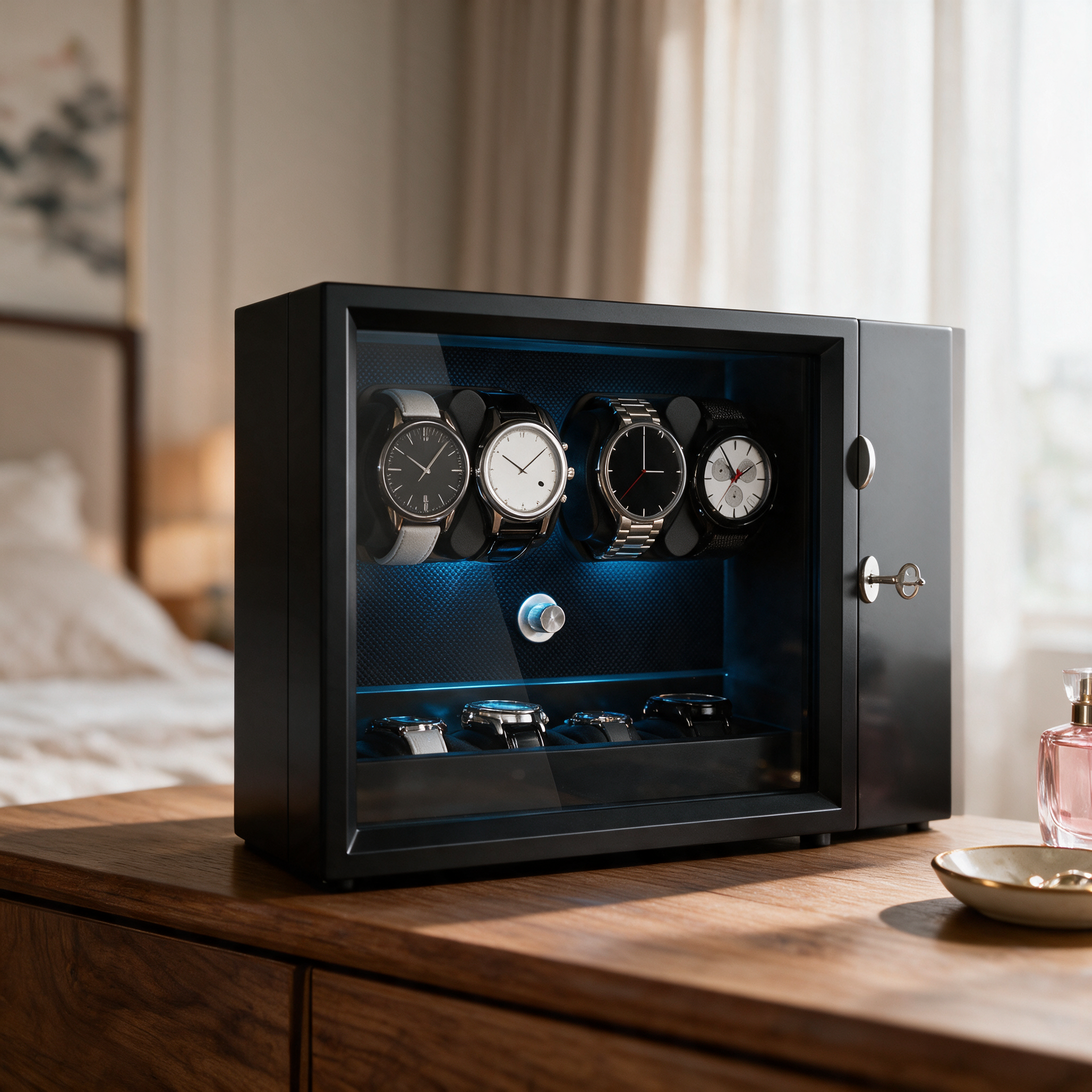 Wyndemere watch winder displayed on a wooden dresser top