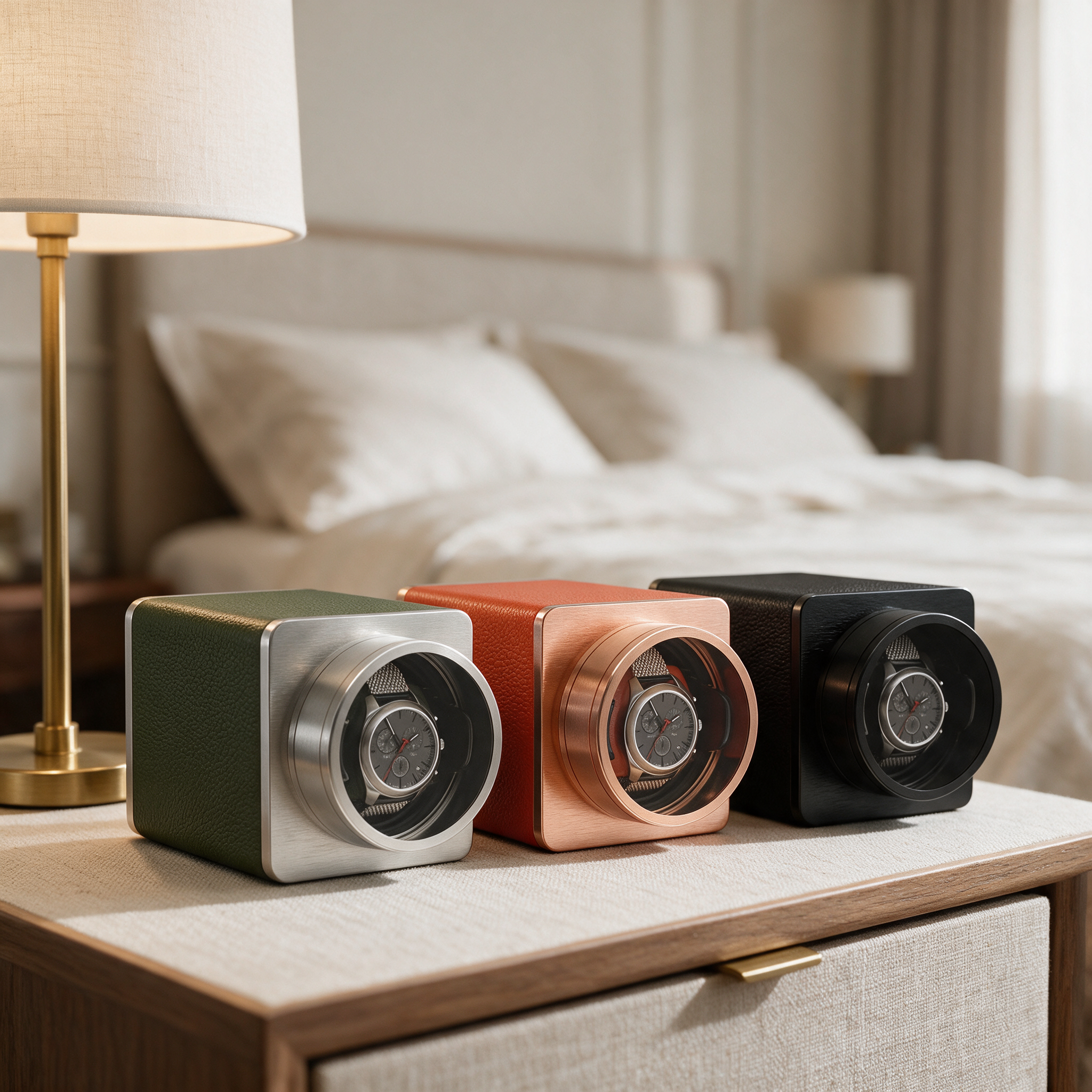 Corvane travel watch winder on a bedside table