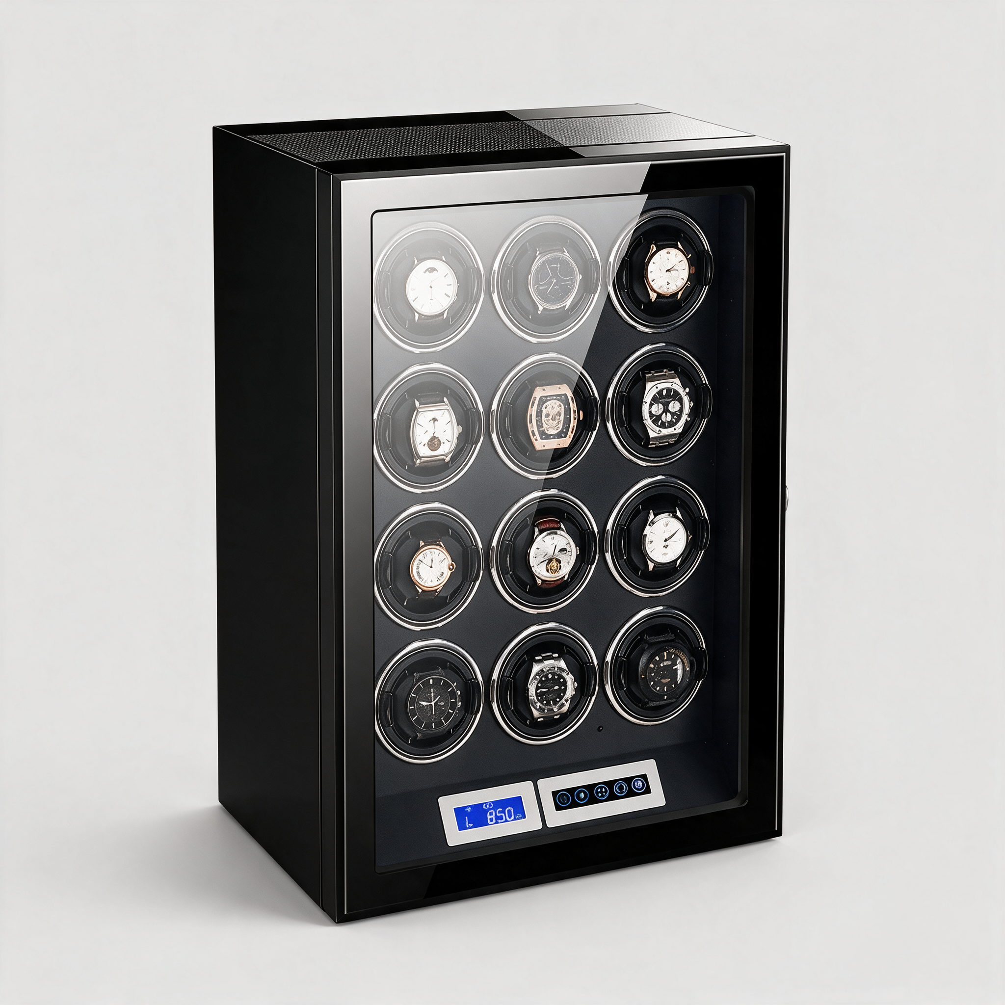 Ombric 12-slot carbon-fibre watch winder cabinet, three-quarter angle view