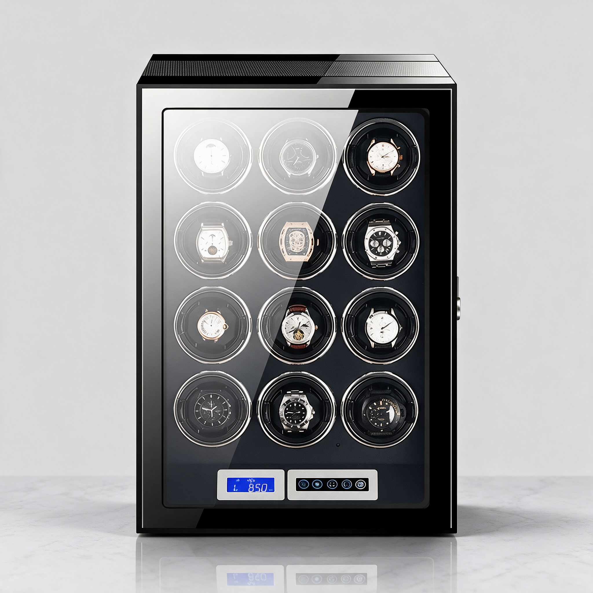 Ombric 12-slot carbon-fibre watch winder cabinet, front view