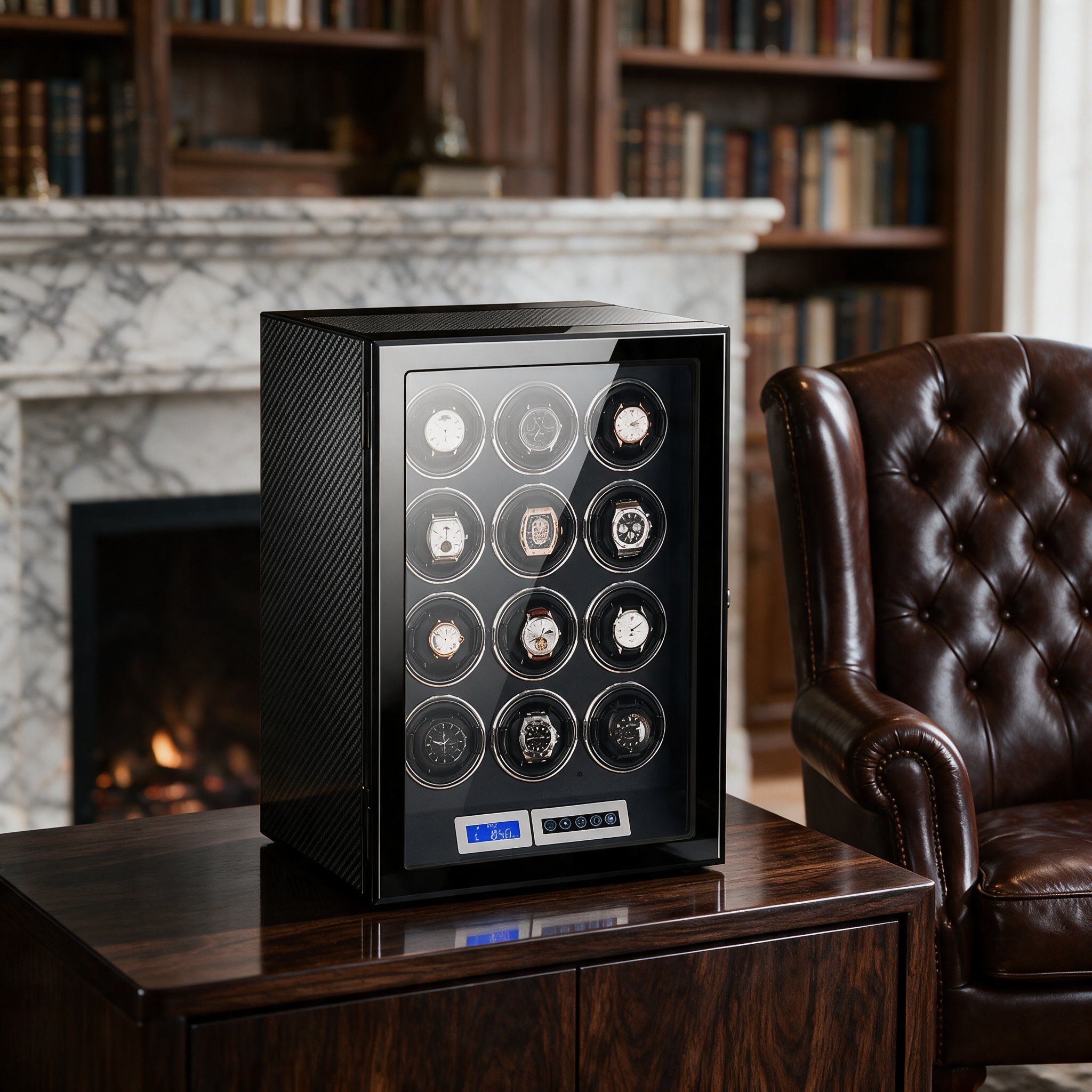Ombric watch winder displayed in a grand private study beside a leather armchair and marble fireplace
