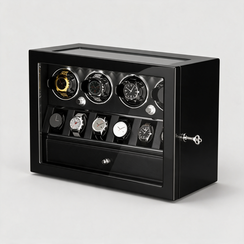 Brennic 4-winder 6-display watch showcase, three-quarter view