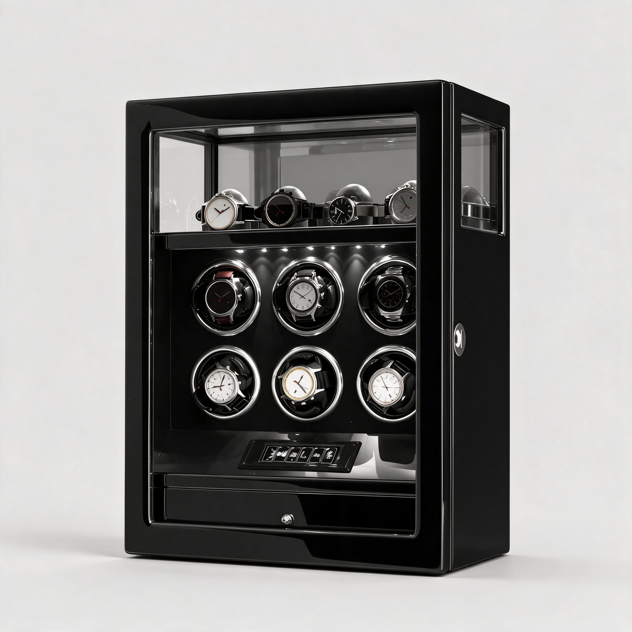 Thalorn fingerprint-lock watch winder for 6 watches, three-quarter view