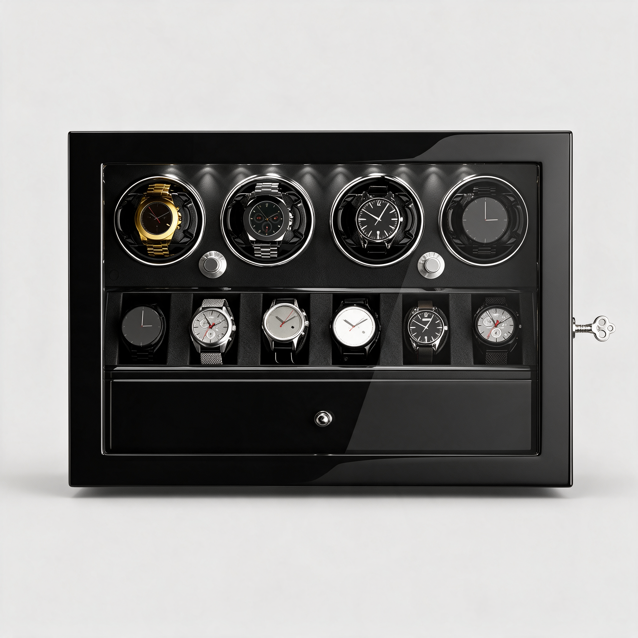 Brennic 4-winder 6-display watch showcase, front view