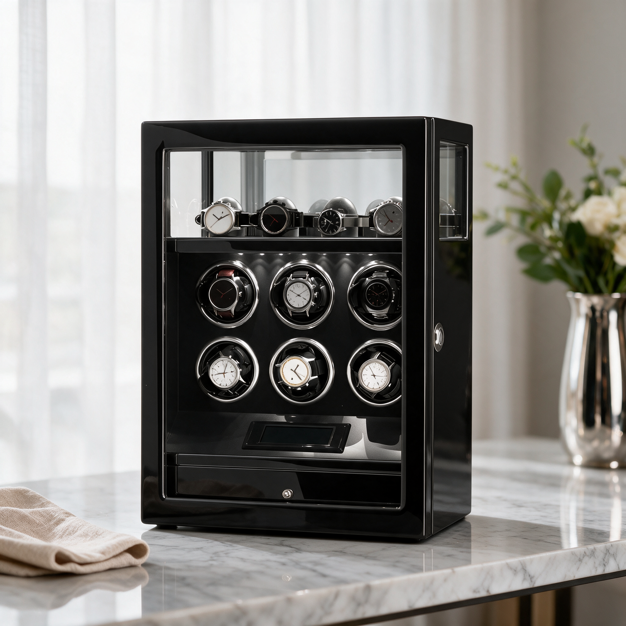 Thalorn fingerprint-lock watch winder on a marble console table