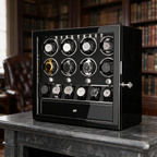 Mervane watch cabinet displayed on a marble fireplace mantel