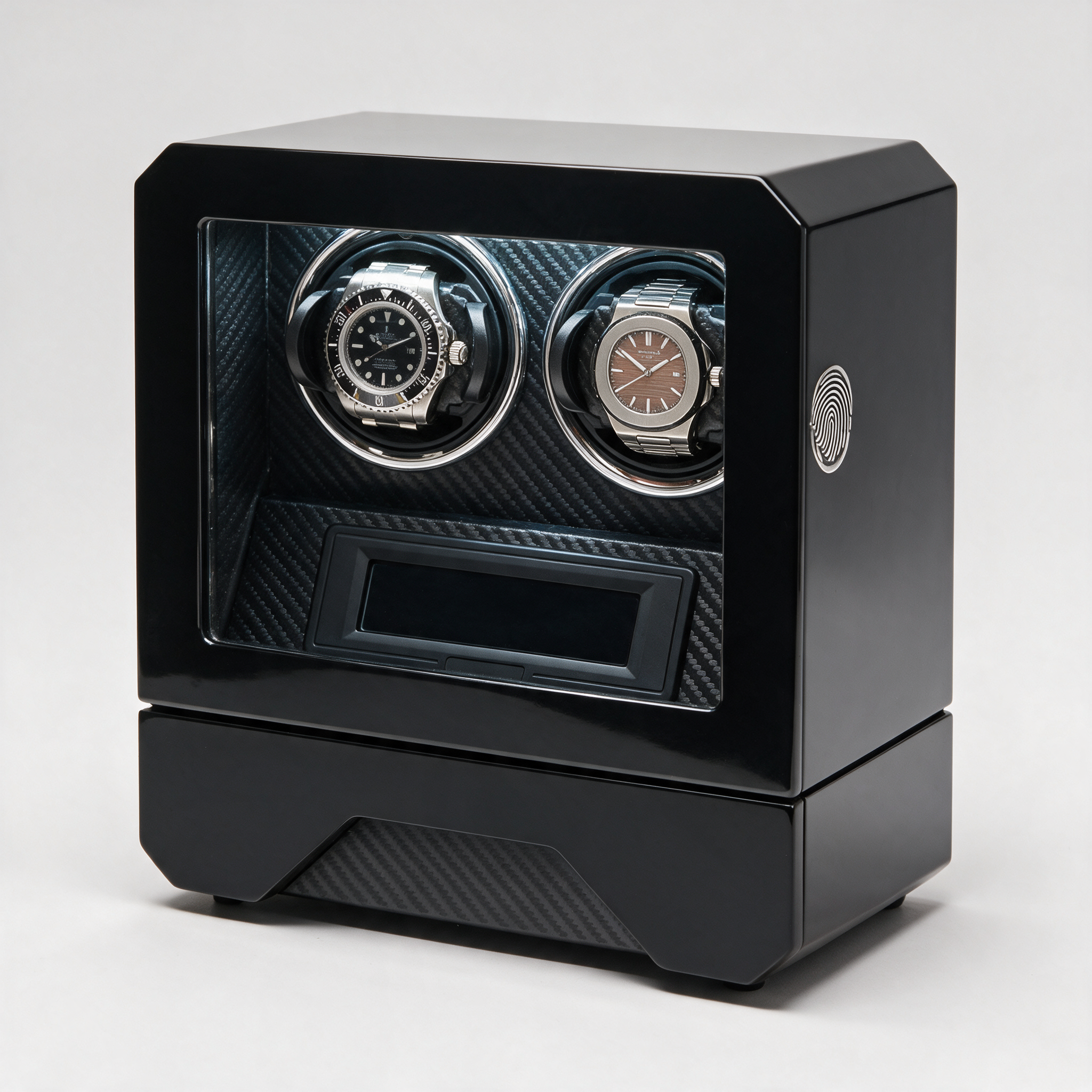 Drakemoor fingerprint-secured 2-watch winder, three-quarter view