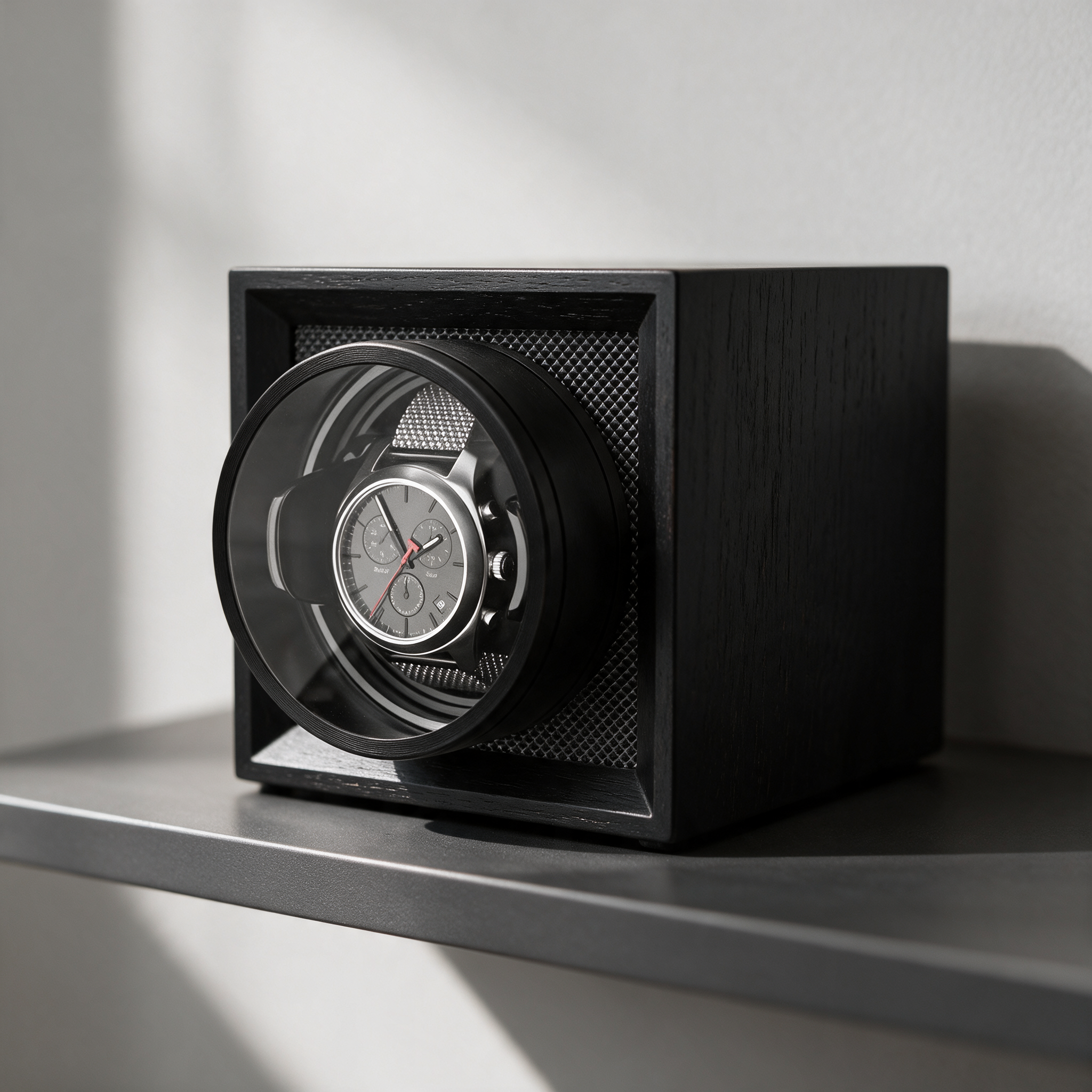 Solstane single watch winder on a minimalist studio shelf