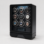 Ombrance 9-slot automatic watch winder display cabinet, three-quarter view, carbon-fibre-styled interior