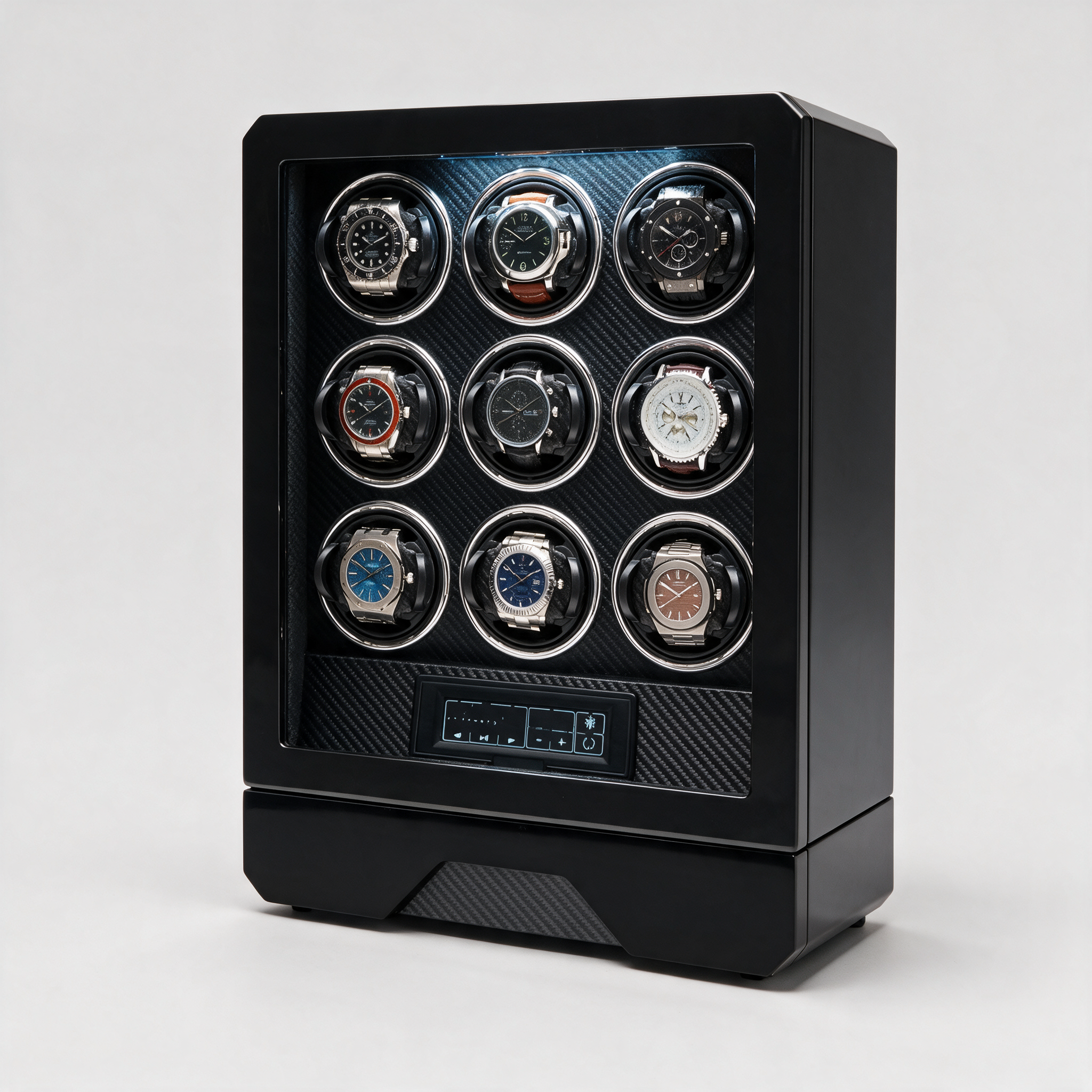Ombrance 9-slot automatic watch winder display cabinet, three-quarter view, carbon-fibre-styled interior