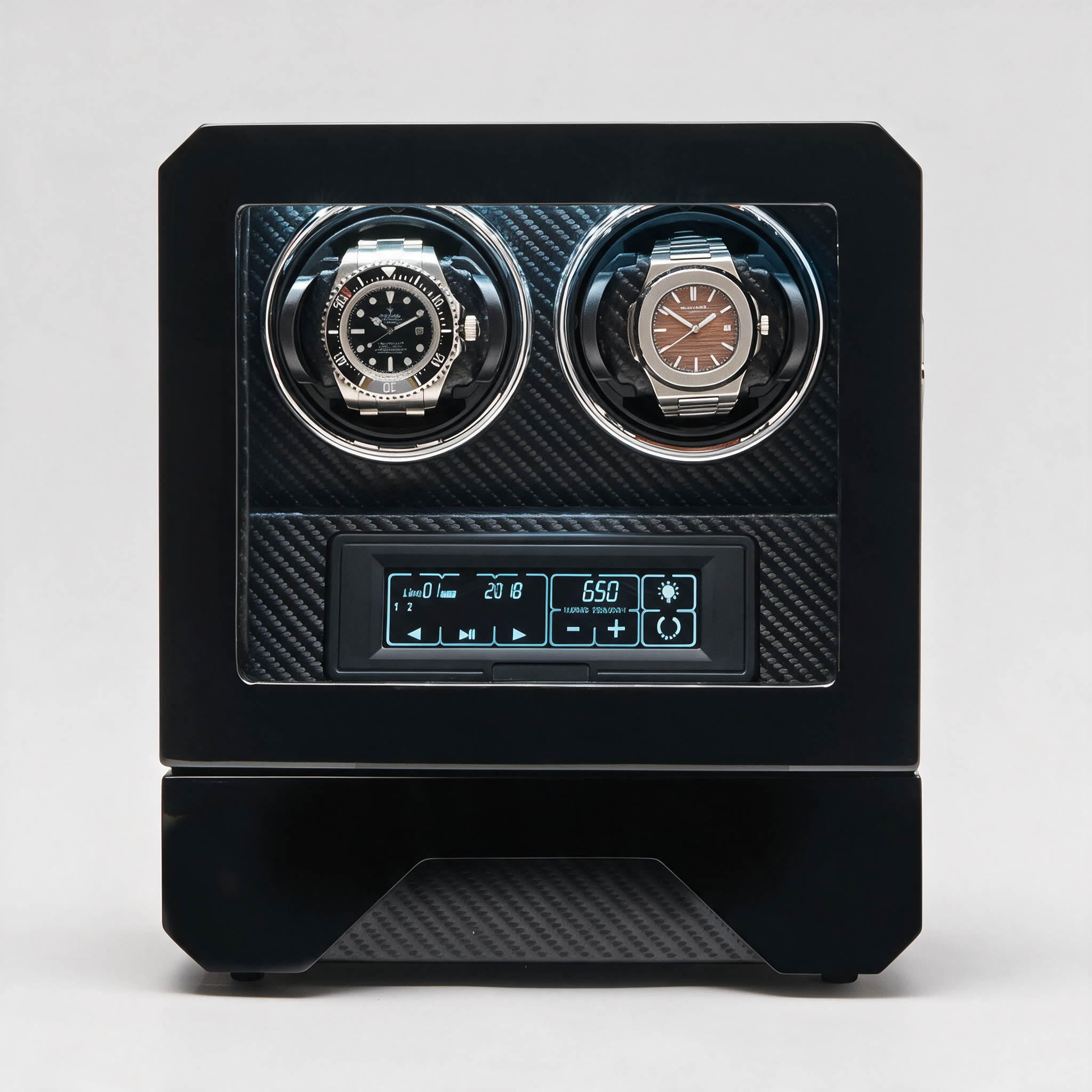 Drakemoor fingerprint-secured 2-watch winder, front view with digital display