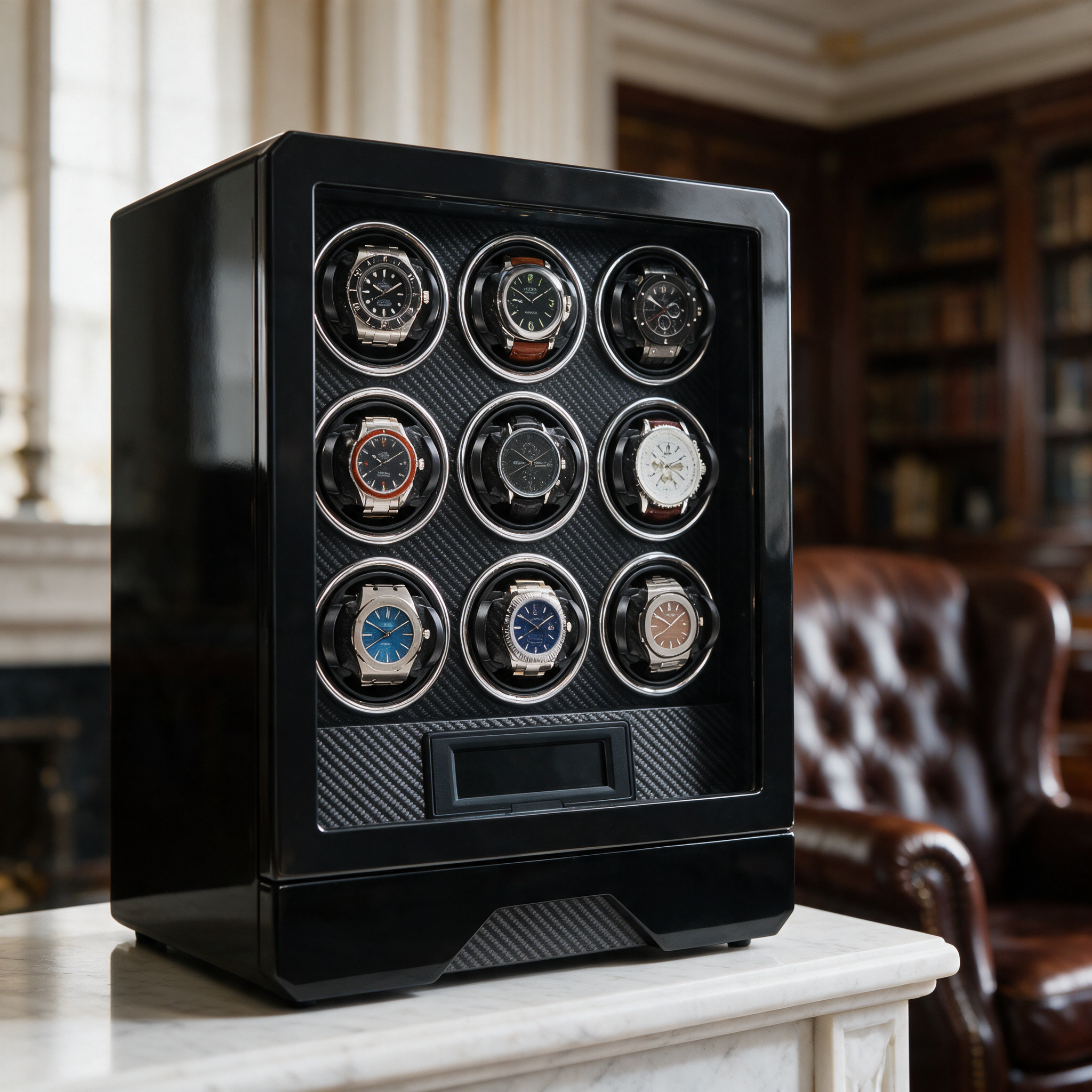 Ombrance watch winder cabinet displayed on a marble fireplace mantel in a grand study