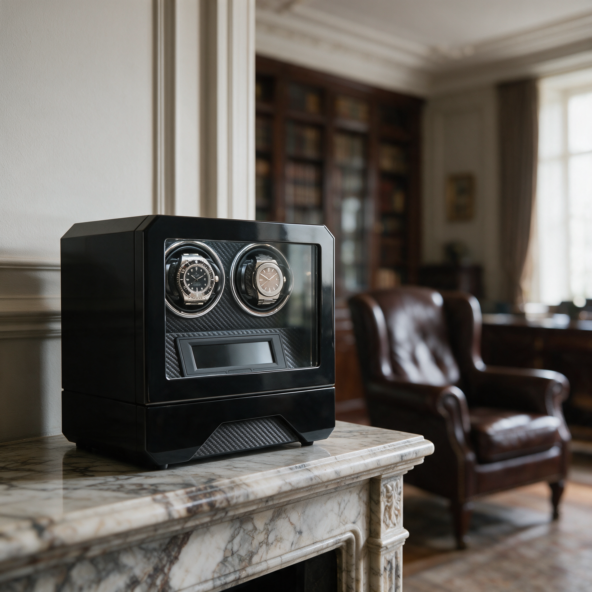 Drakemoor watch winder on a marble fireplace mantel in a grand study