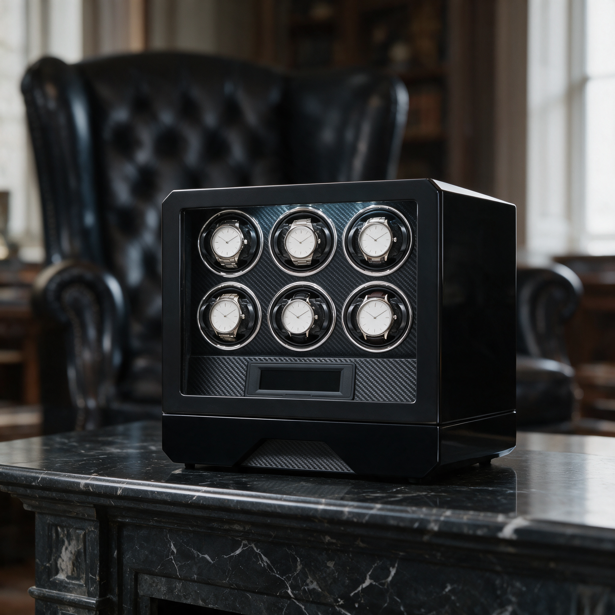 Halveth 6-watch winder cabinet on a marble mantel in a grand study
